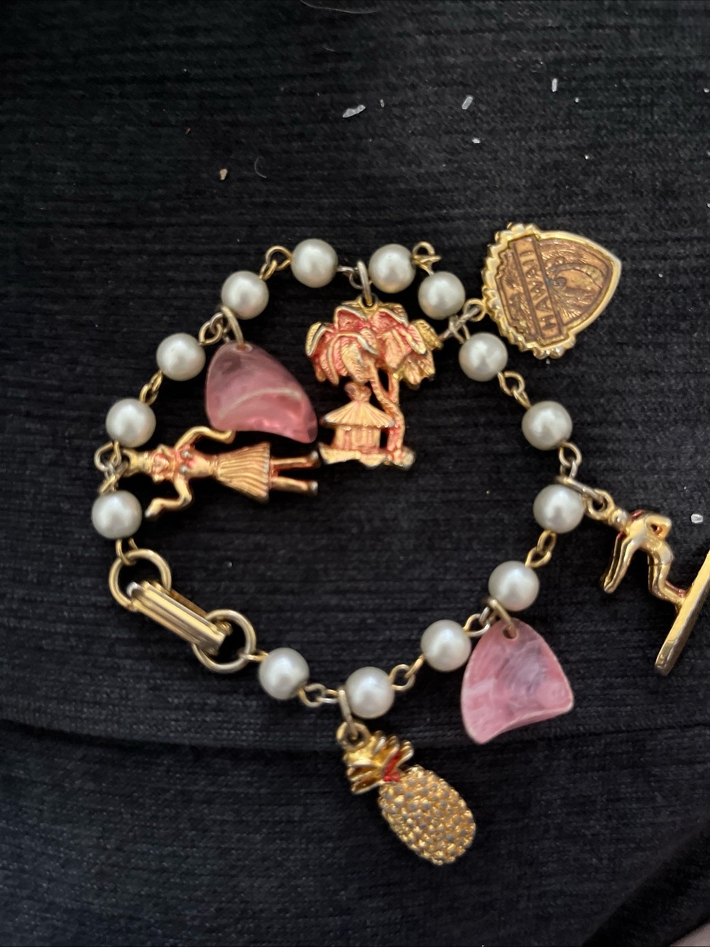 Vintage Gold coloured Charm Bracelet with Pink Shell Accents Faux Pearls Aloha
